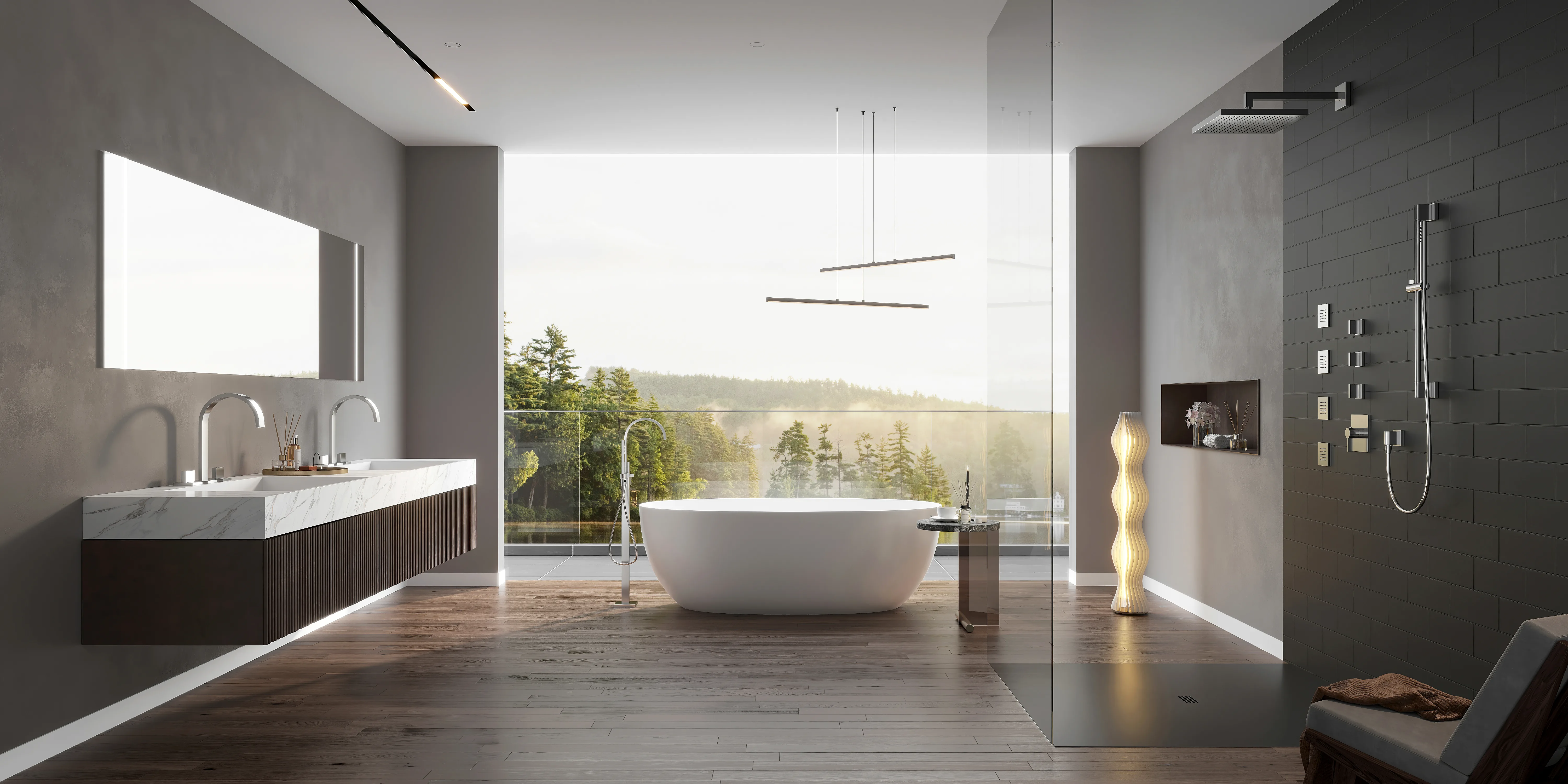 Wide bathroom with vanity, tub, shower wall, and forest view.